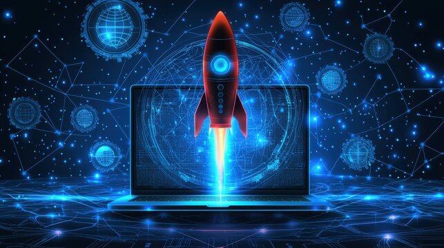 Rocket launching from laptop screen digital space graphic illustration futuristic environment aerial view innovation concept