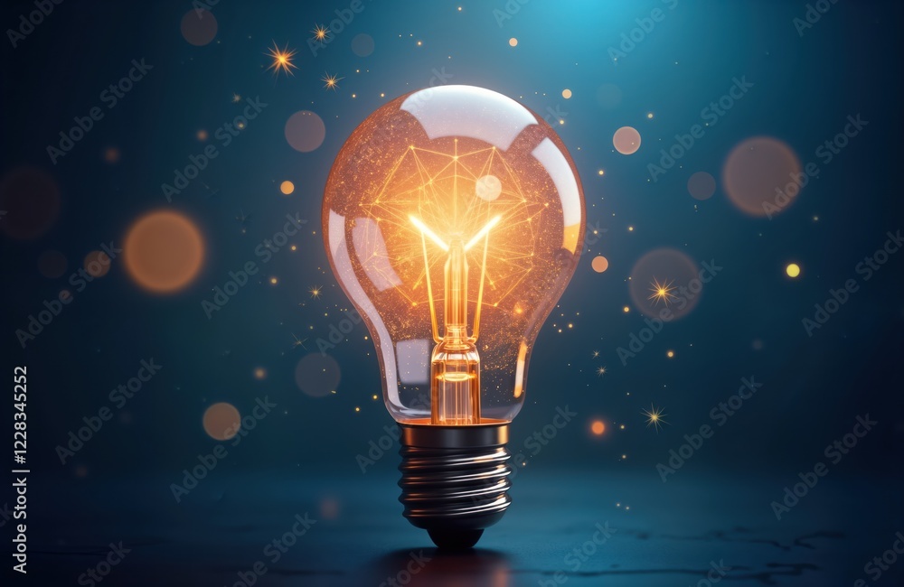 Poster glowing lightbulb shines brightly on dark blue bokeh background. sparkles surround bulb. illuminatin