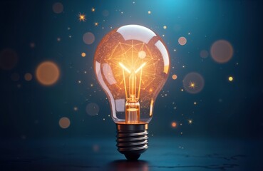 Glowing lightbulb shines brightly on dark blue bokeh background. Sparkles surround bulb. Illuminating idea concept. Modern tech innovation. Abstract image. Excellent for inspiration, creativity,