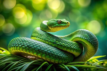 Fototapeta premium Silhouette of Green Snake on Green Background - Nature Stock Photo
