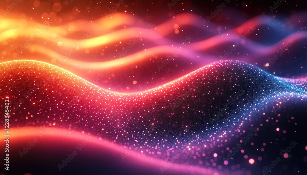Poster glowing waves with many small particles, flowing. abstract background for design