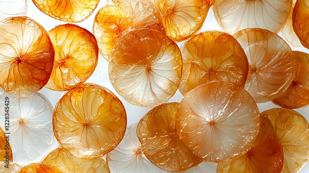 Poster translucent orange citrus slices backlit on white background creating luminous pattern with natural 