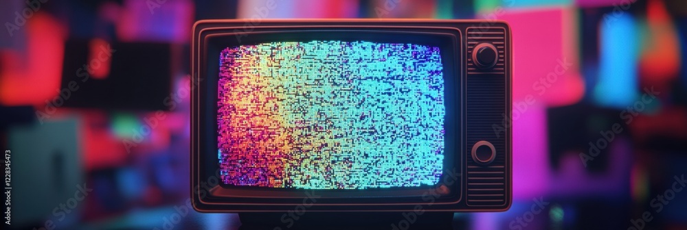 Poster retro television screen with vibrant static and colorful glitch patterns in a nostalgic setting. gen