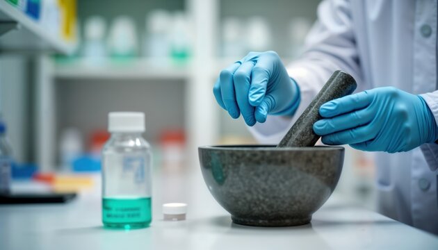 Pharmacist prepares compounded medication using mortar, pestle in clean pharmacy lab. Precise mixing of ingredients in pro environment. Custom medication preparation. Focuses on accuracy, - Powered by Adobe