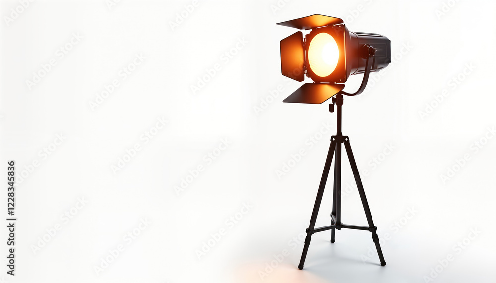 Aufkleber Studio strobe light on tripod. Bright light source. Isolated object on white background. Pro studio equipment. Modern design. Useful for photoshoots. Tech equipment. Illuminated object. Black metal