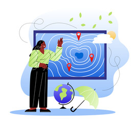 Woman analyzing weather map. Vector illustration