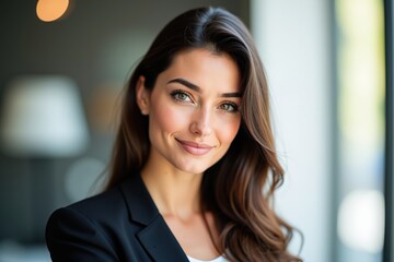Naklejka premium A Confident Young Woman in a Professional Setting, Exuding Poise and Charm with Long Brown Hair and an Elegant Black Blazer in a Bright Office Environment