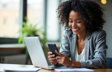 Smiling businesswoman uses smartphone, laptop indoor. Modern pro female executive working in office. Happily communicating online. Businesswoman consulting looking at news. Happy, confident young