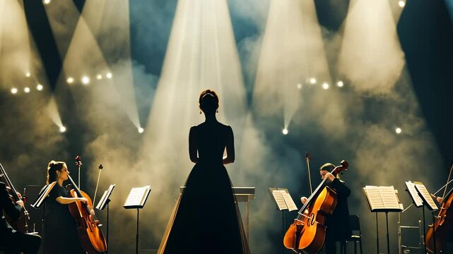 A Soloist's Grace:  A captivating silhouette of a singer performing on stage, illuminated by dramatic spotlights, accompanied by a cello ensemble.