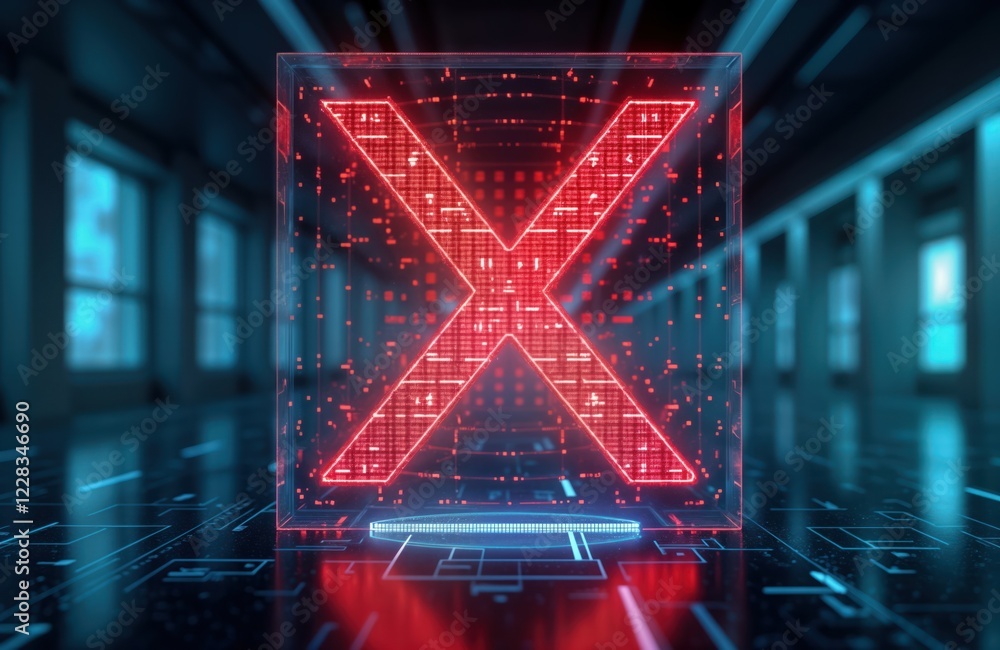 Aufkleber Holographic red X mark projected onto transparent screen. Futuristic tech warning error message. Cyber security concept. Digital hologram in transparent cube. Glowing lines, patterns. Modern design.