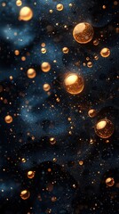 Golden orbs float in a dark blue, swirling liquid background for texture or design