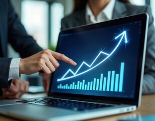 Businesswoman points at growing graph on laptop screen showing increasing financial investment returns. Digital chart displays business performance progress. Teamwork, tech, financial data analysis.