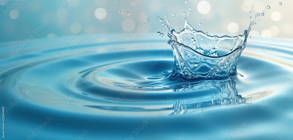 Poster close-up view of water splash. ripples spread across surface. water droplet impacts surface creates 