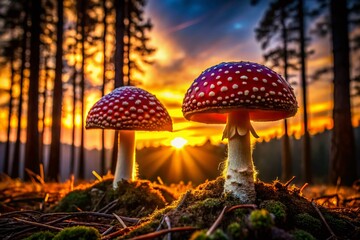Silhouette of Two Mushrooms Resembling Amanita, Forest Fungi, Dusk