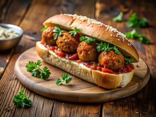 Silhouette of Vegan Lentil Meatball Sub with Tomato Sauce & Cheese on Cutting Board