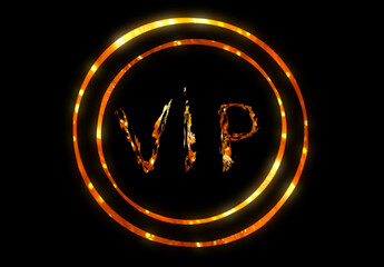 A luxurious golden VIP emblem with glowing rings and fiery text on a black background. Ideal for casino themes, premium branding, and high-end designs