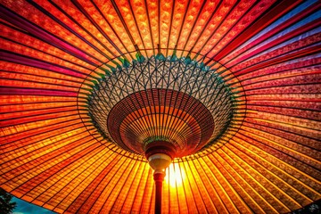 Silhouette of Vibrant Japanese Umbrella's Underside, Colorful Fabric, Handcrafted Detail