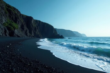 Fototapeta premium Dark sand contrasts vibrant blue sea, dramatic cliffs , powerful, texture