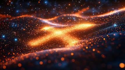 A glowing X made of stars symbolizing exploration and discovery in space minimalistic bright tone modern blurred empty blank caption space on the side

