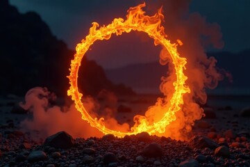 Dark, smoky backdrop, intense orange fire circle , circle, shadow