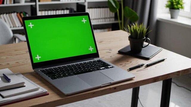 A high-quality 4K cinematic shot capturing a sleek, modern laptop with a vibrant green screen mock-up, placed neatly on a minimalist wooden desk in a well-lit office.