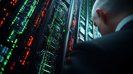 Technician inspecting server room, network cables, data center