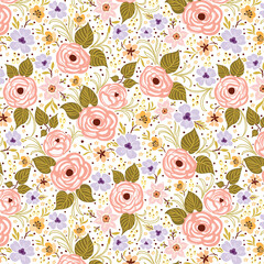 Pink Line Roses With Purple and Yellow Wild Flowers in Lush Green Spring Garden Pattern