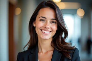 Naklejka premium Confident Young Businesswoman in Professional Attire Smiling in Modern Office Environment with Soft Focus Background