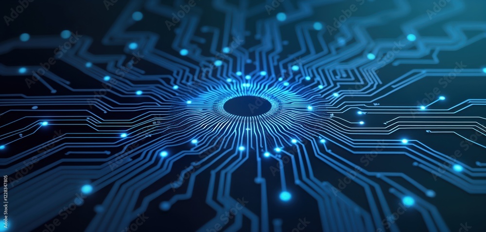 Poster abstract circuit board pattern glows with bright blue lines, points on dark background. futuristic d