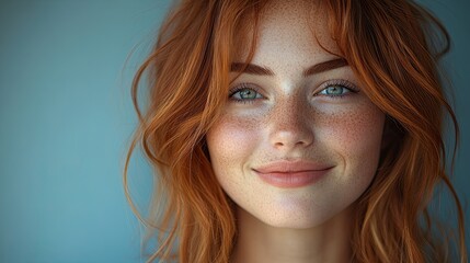 Naklejka premium Close-up portrait of a young woman with red hair and freckles, looking at the camera and smiling.