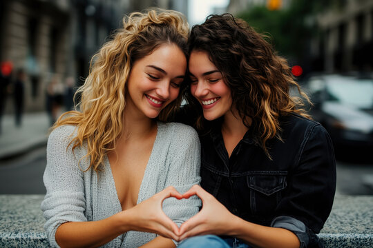 Two smiling women making a heart shape with their hands, expressing love and happiness in a city setting. A romantic portrait showcasing a loving couple.