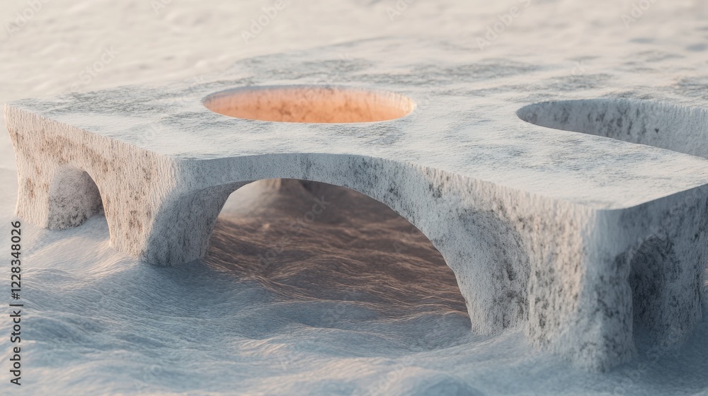 Poster abstract snow-covered bridge structure with circular openings in a serene winter landscape