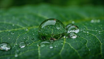 Unique macro capture of water droplet on leaf reflecting miniature world