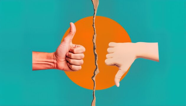 Collage art shows hands with thumbs up, down. Creative design on teal background. Orange circle adds contrast. Modern art piece. Representing different opinions. Positive, negative feedback. Abstract