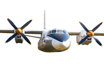 Old air propeller driven passenger plane on white