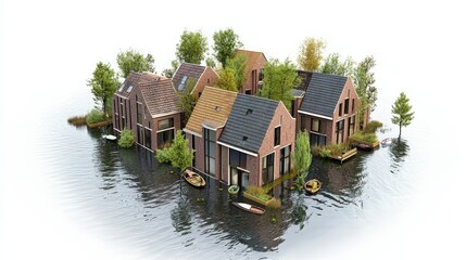 Obraz premium Aerial view of modern houses on a serene island surrounded by water and lush greenery