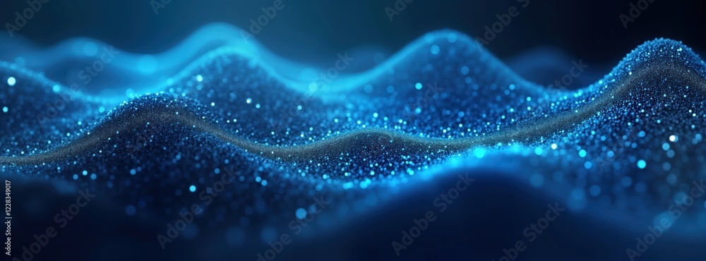 Fototapete Abstract wavy blue particles flow. Dynamic mesh pattern. Big data concept. Futuristic graphic. Blue light waves. Modern tech background. Illustration shows data flow. Ideal for digital tech.