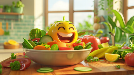 A fresh salad with a variety of ingredients. animated character, C4D model rendering, cheerful smile, 3D rendering