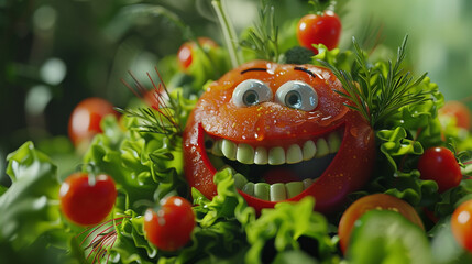 A fresh salad with a variety of ingredients. animated character, C4D model rendering, cheerful smile, 3D rendering
