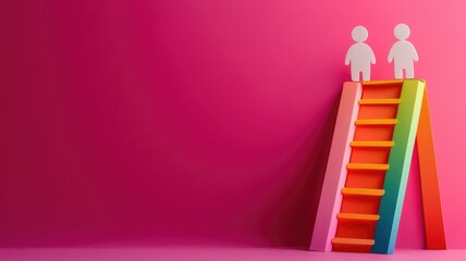 Obraz premium Two paper figures on top of rainbow ladder against pink background
