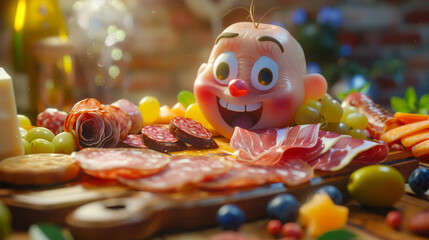 A close-up of a charcuterie board. animated character, C4D model rendering, cheerful smile, 3D rendering
