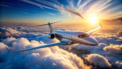 Fototapeta premium Sleek Private Jet Soaring Above Clouds: Luxury Business Travel Stock Photo
