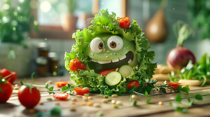 A fresh salad with a variety of ingredients. animated character, C4D model rendering, cheerful smile, 3D rendering