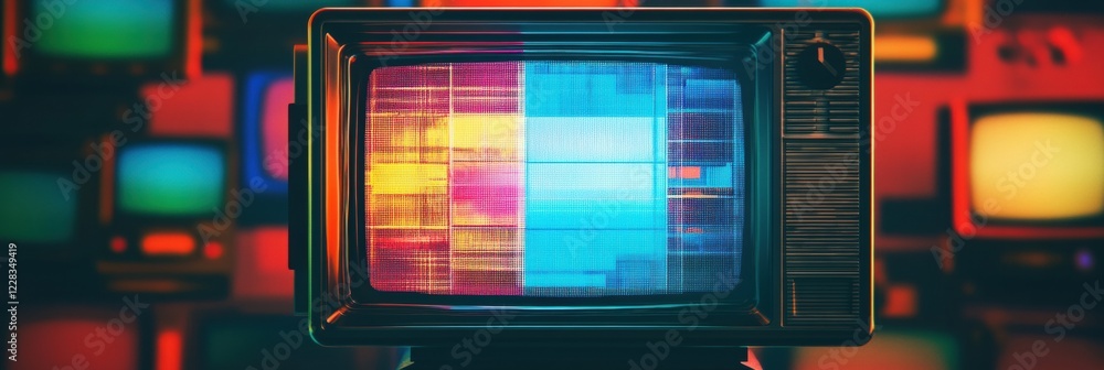 Fototapete static noise and colorful glitch patterns on retro television screen in a vintage setting. generativ