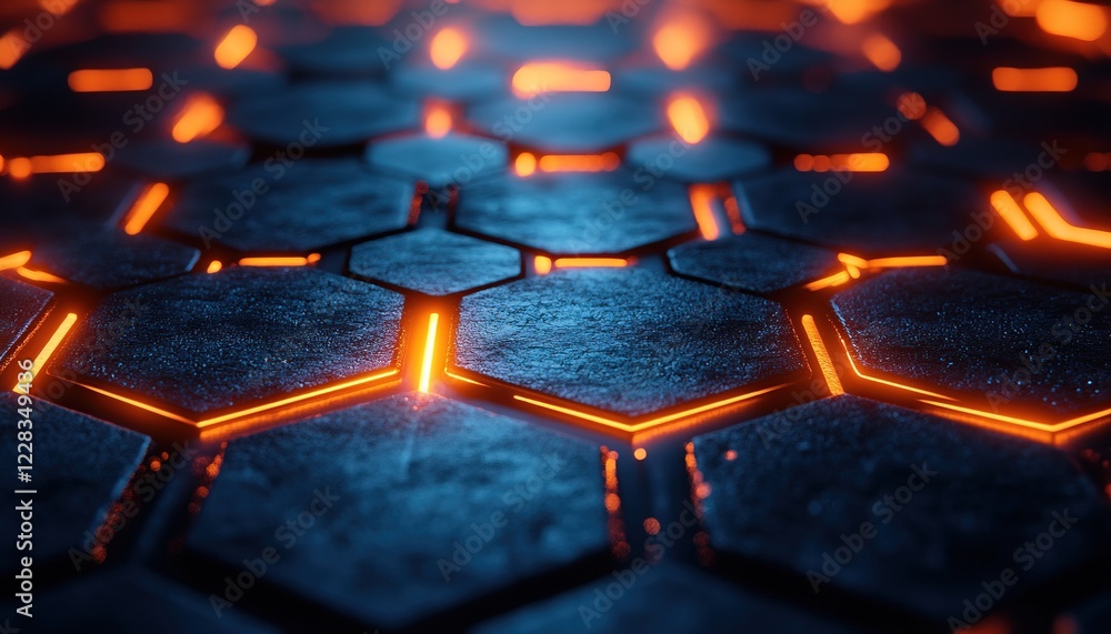 Poster hexagonal tile pattern with glowing edges, abstract background for tech presentations