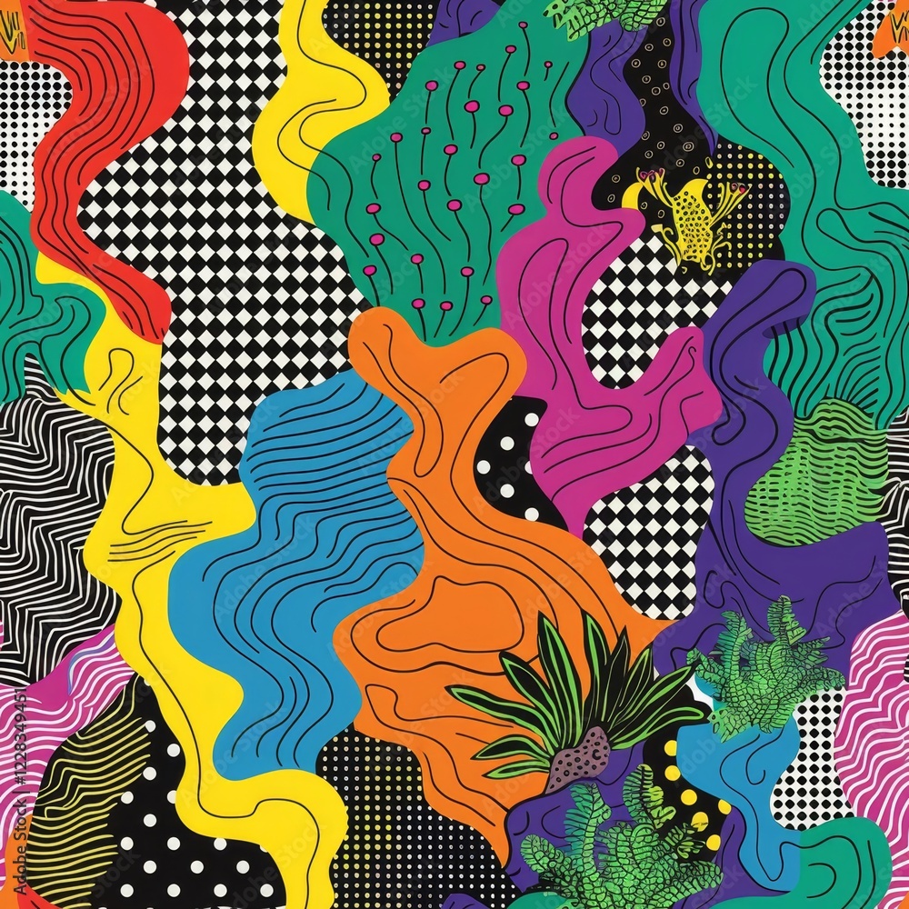 Poster the artwork showcases a lively mix of colors and abstract shapes intertwined with bold black and whi