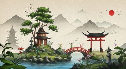 Obraz premium Serene Asian landscape with pagodas, bridges, and fairies in harmony