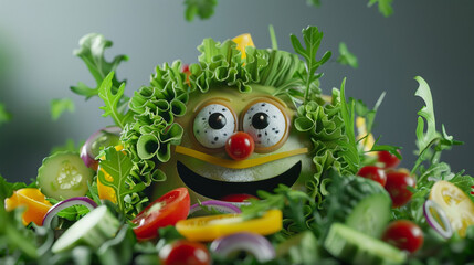 A fresh salad with a variety of ingredients. animated character, C4D model rendering, cheerful smile, 3D rendering