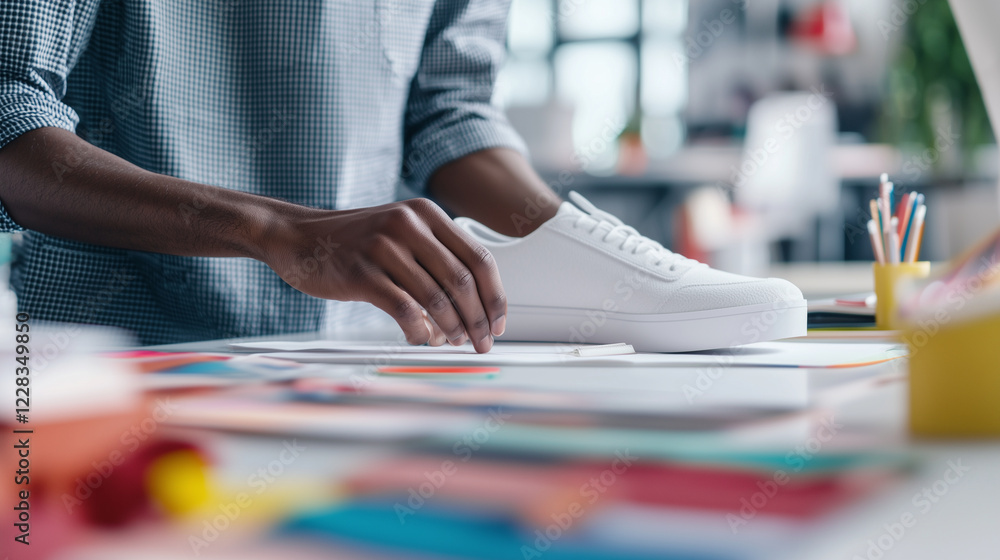 Poster designer collaborating with ai in colorful studio environment