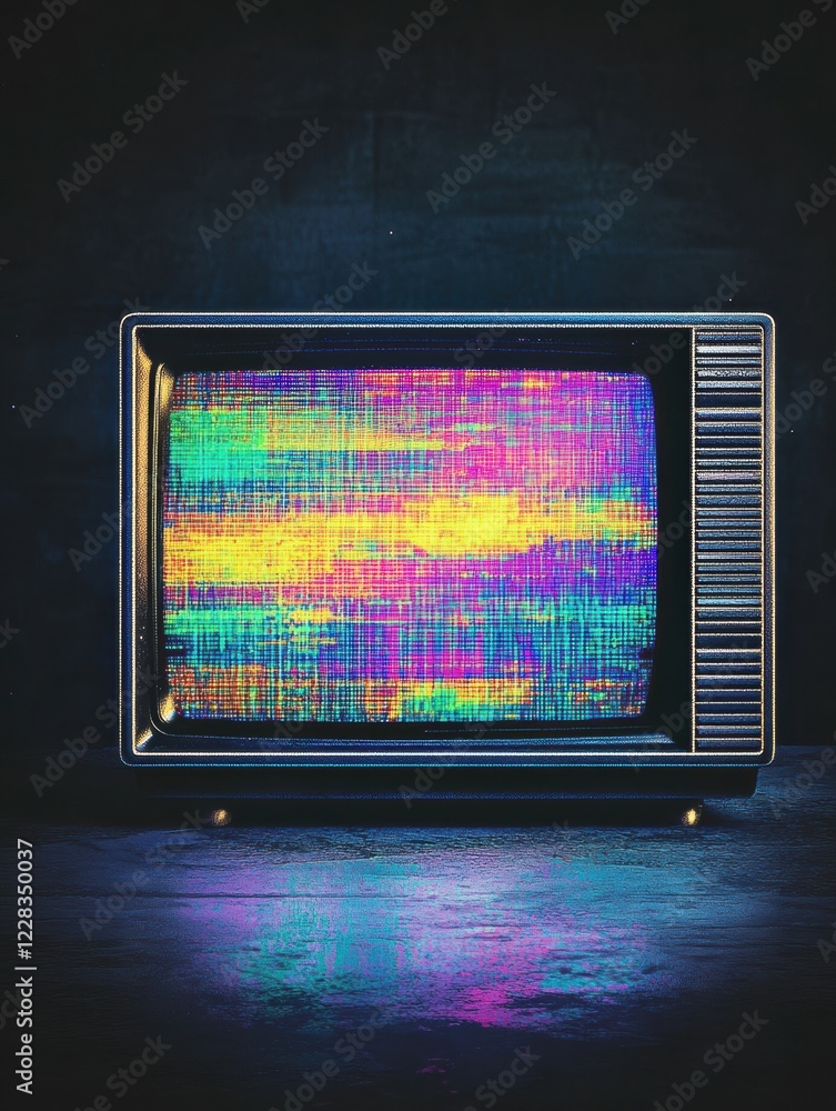 Poster Retro television screen displaying vibrant static noise and colorful glitch patterns in a dark room setting. Generative AI